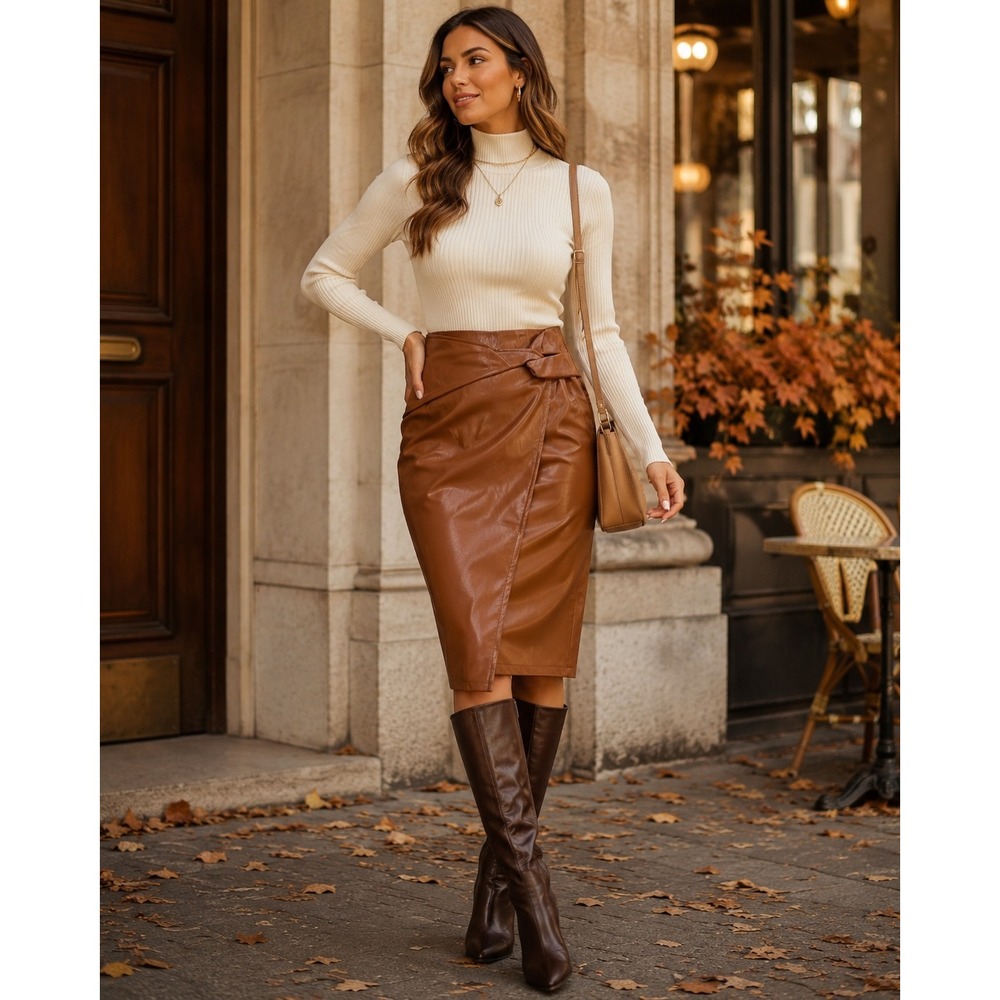 NWT Cognac Faux Leather Wrap Midi Pencil Skirt Tie Waist Fall Chic Office Sz M